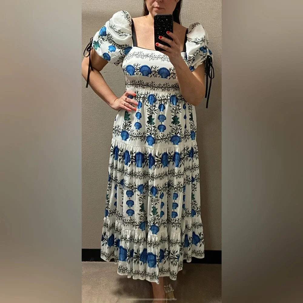 Antonio Melani x Jen Sumko Blue Shell Green Floral Cottage Core Dress Size 12 - Picture 1 of 7